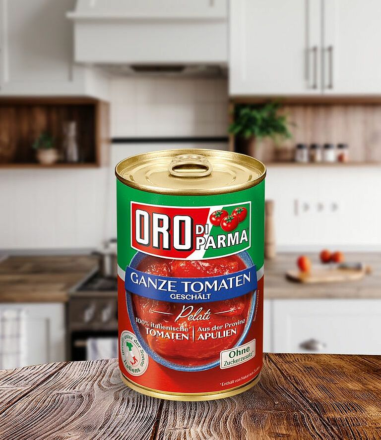 Whole peeled tomatoes from ORO d´Italia in a 425ml can.