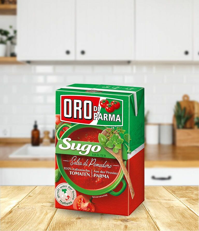 Sugo tomato sauce with herbs from ORO di Parma in a 400g Combibloc.