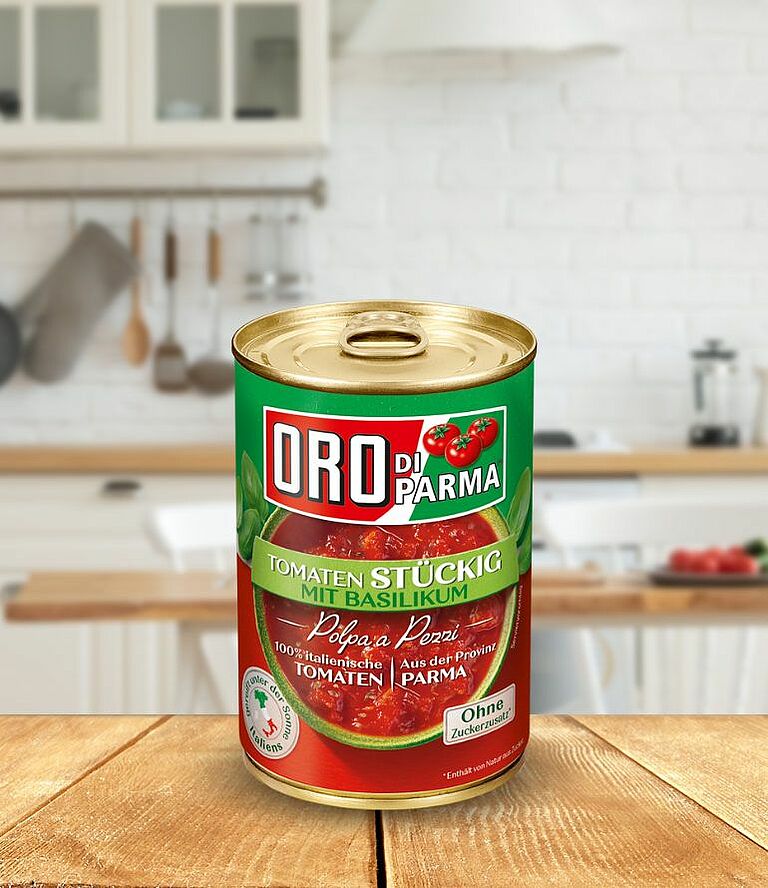 Chopped Tomatoes with Basil from ORO di Parma in a 425ml can.