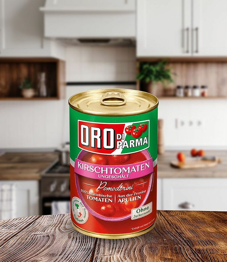 Unpeeled cherry tomatoes from ORO d´Italia in a 425ml can.